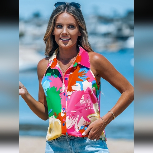 CUPSHE Tropical Collared Button-Up Tank In Bright Shades Pink/blue Multi. S NWT - Picture 2 of 11